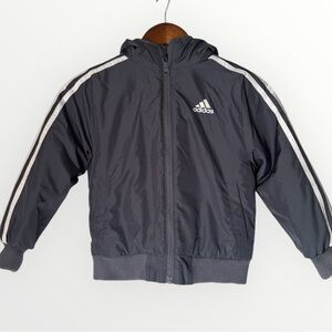 Adidas Classic Hooded Bomber Puffer Jacket Light Gray White Stripes Kids XS (6)